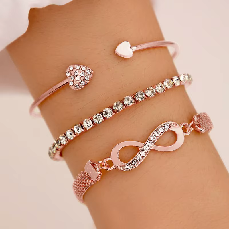3 Piece Full Diamond Crystal Infinity Heart Bracelet Set