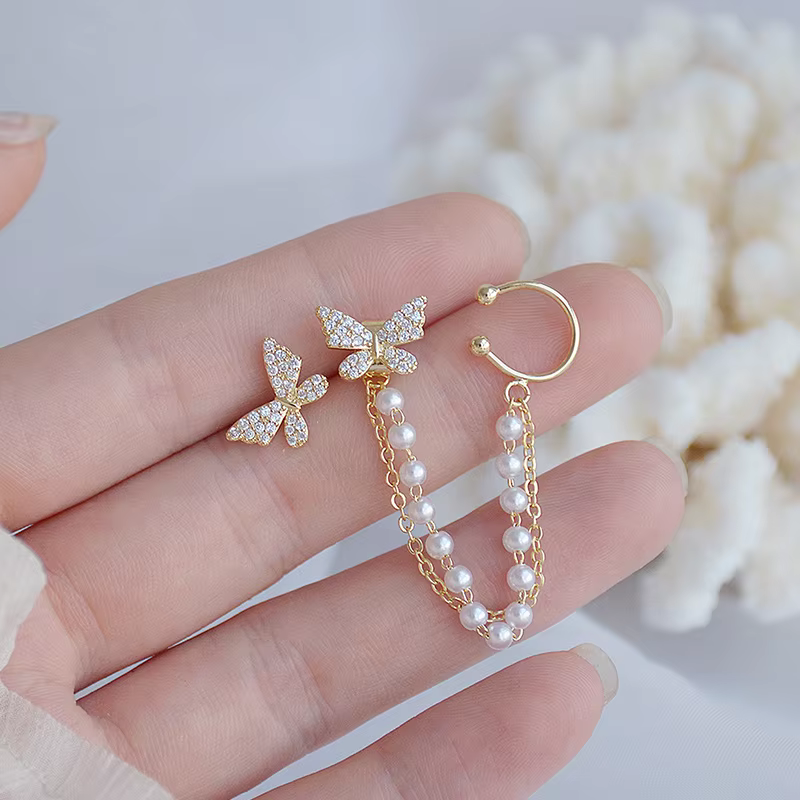 Pearl Butterfly Chain Ear Clip Earrings
