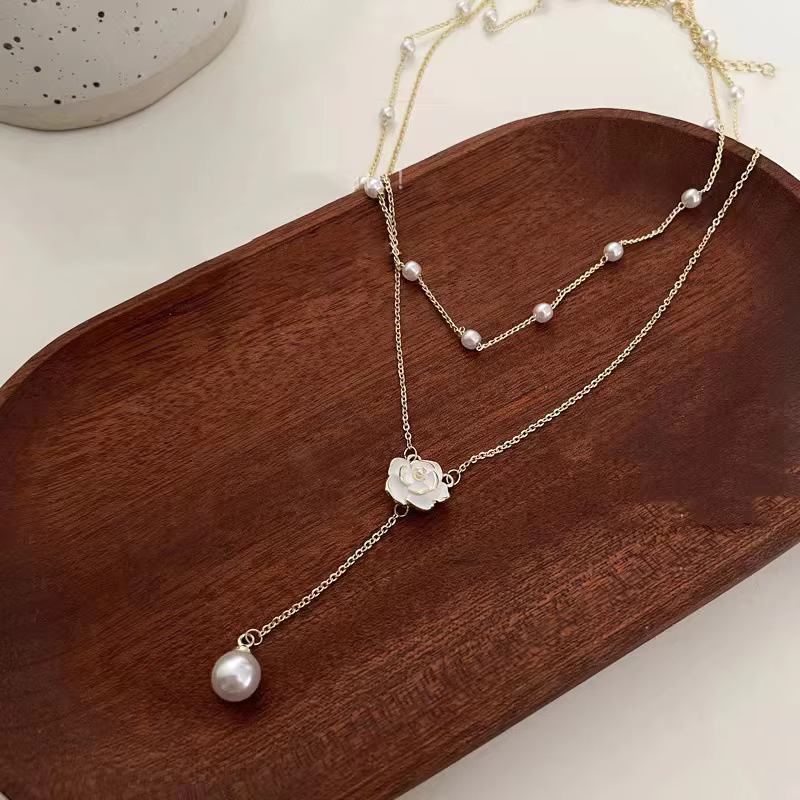 Multi Layer Tassel Pearl with Flower Necklace