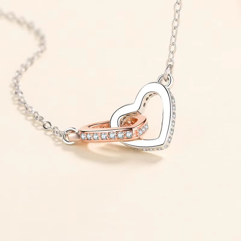 Double Heart Rose Gold & Silver Two Tone Necklace