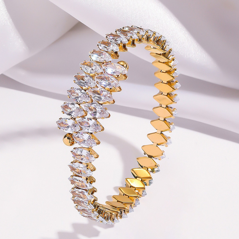Luxury 18K Gold Plated Gemstone Cuff Bracelet with marquise-cut crystals, stainless steel women’s fashion jewelry.