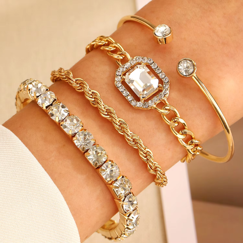 4pcs Gold Cuban Chain Bracelet Set
