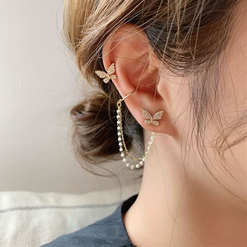 Pearl Butterfly Chain Ear Clip Earrings