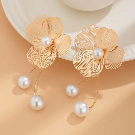 Elegant Pearl Tassel Flower Drop Earrings