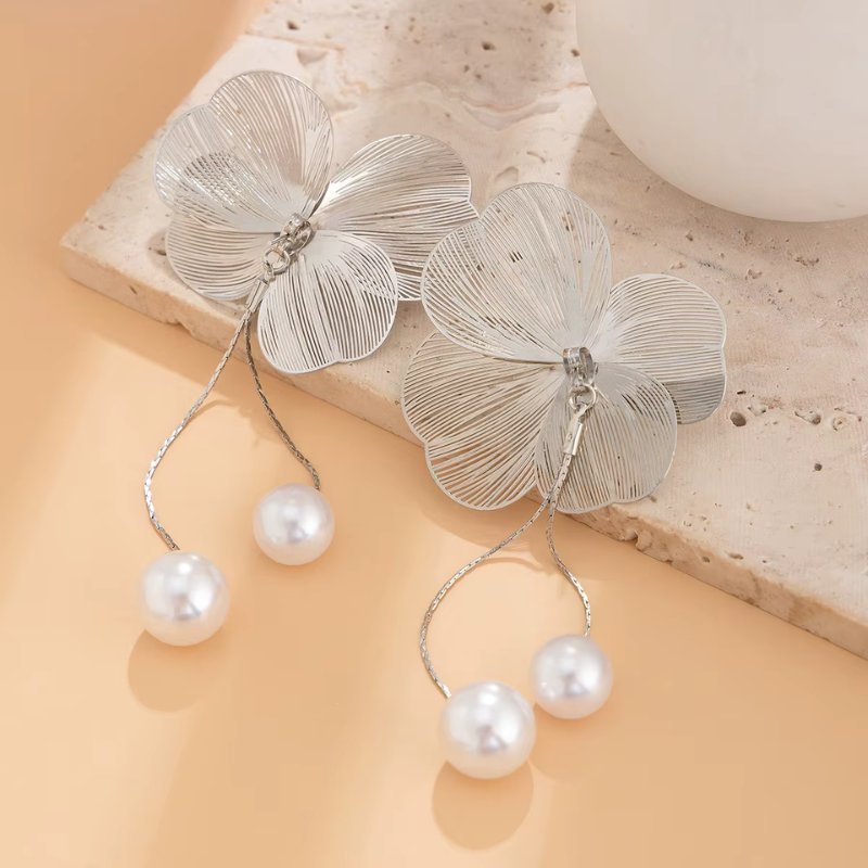 Elegant Pearl Tassel Flower Drop Earrings