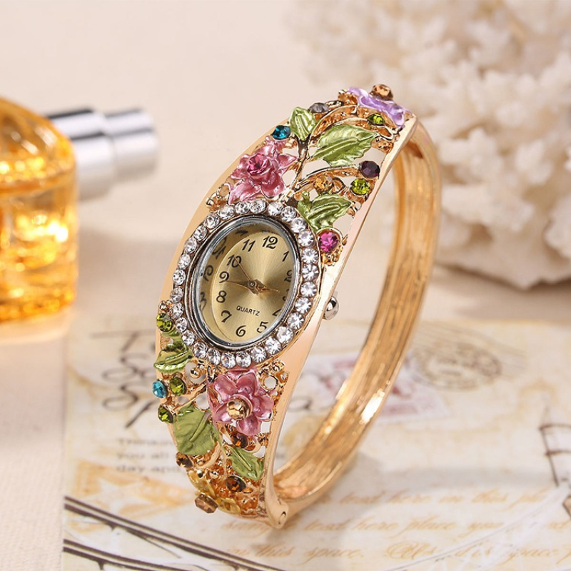 Floral Rhinestone Gold Bracelet Watch