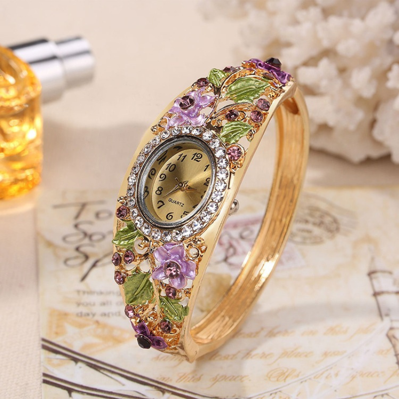 Floral Rhinestone Gold Bracelet Watch