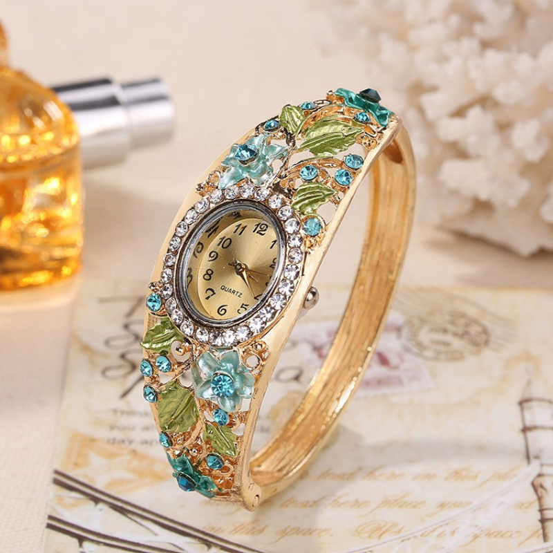 Floral Rhinestone Gold Bracelet Watch