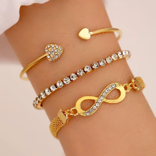 3 Piece Full Diamond Crystal Infinity Heart Bracelet Set