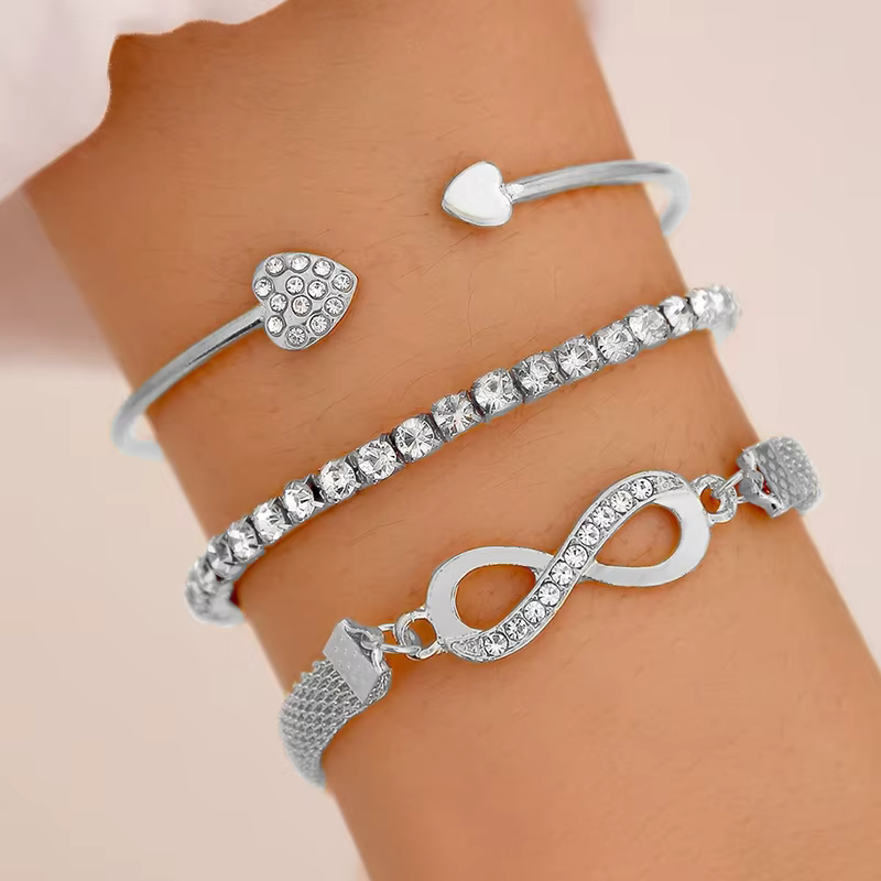 3 Piece Full Diamond Crystal Infinity Heart Bracelet Set