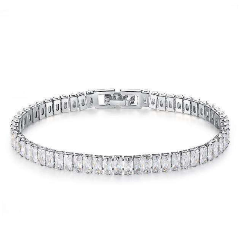Hip Hop Rectangle White Zircon Tennis Chain Bracelet with polished metal frame, unisex fashion jewelry for men and women.