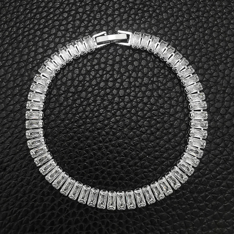 Hip Hop Rectangle White Zircon Tennis Chain Bracelet with polished metal frame, unisex fashion jewelry for men and women.