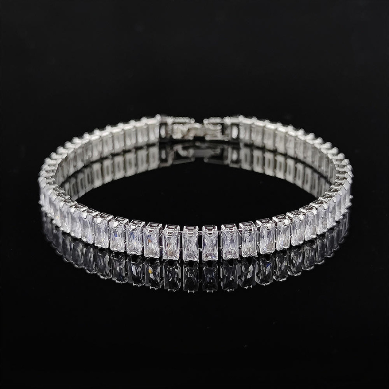 Hip Hop Rectangle White Zircon Tennis Chain Bracelet with polished metal frame, unisex fashion jewelry for men and women.