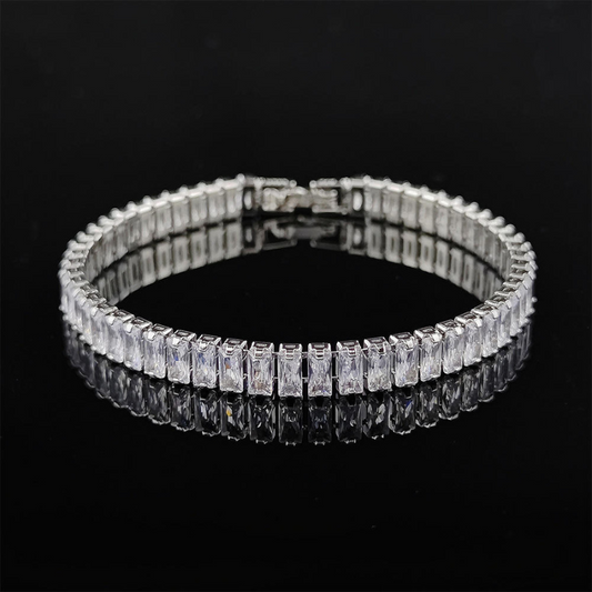 Hip Hop Rectangle White Zircon Tennis Chain Bracelet with polished metal frame, unisex fashion jewelry for men and women.
