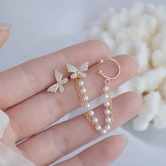 Pearl Butterfly Chain Ear Clip Earrings