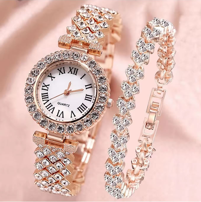 Luxury Ladies Diamond Wrist Watch Bracelet Set