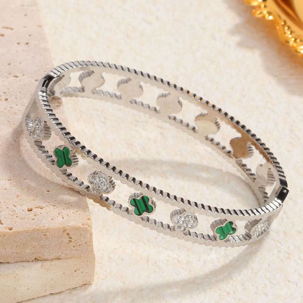 Hollow Clover Leaf Fashion Cuff Bangle with Zircon