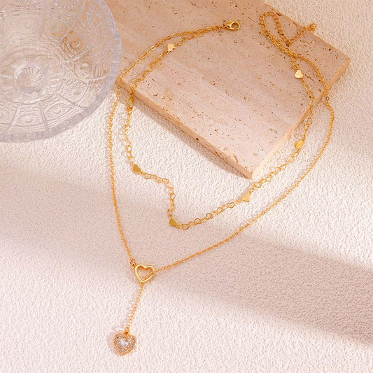 Elegant Layered Gold Chain Crystal Heart Necklace