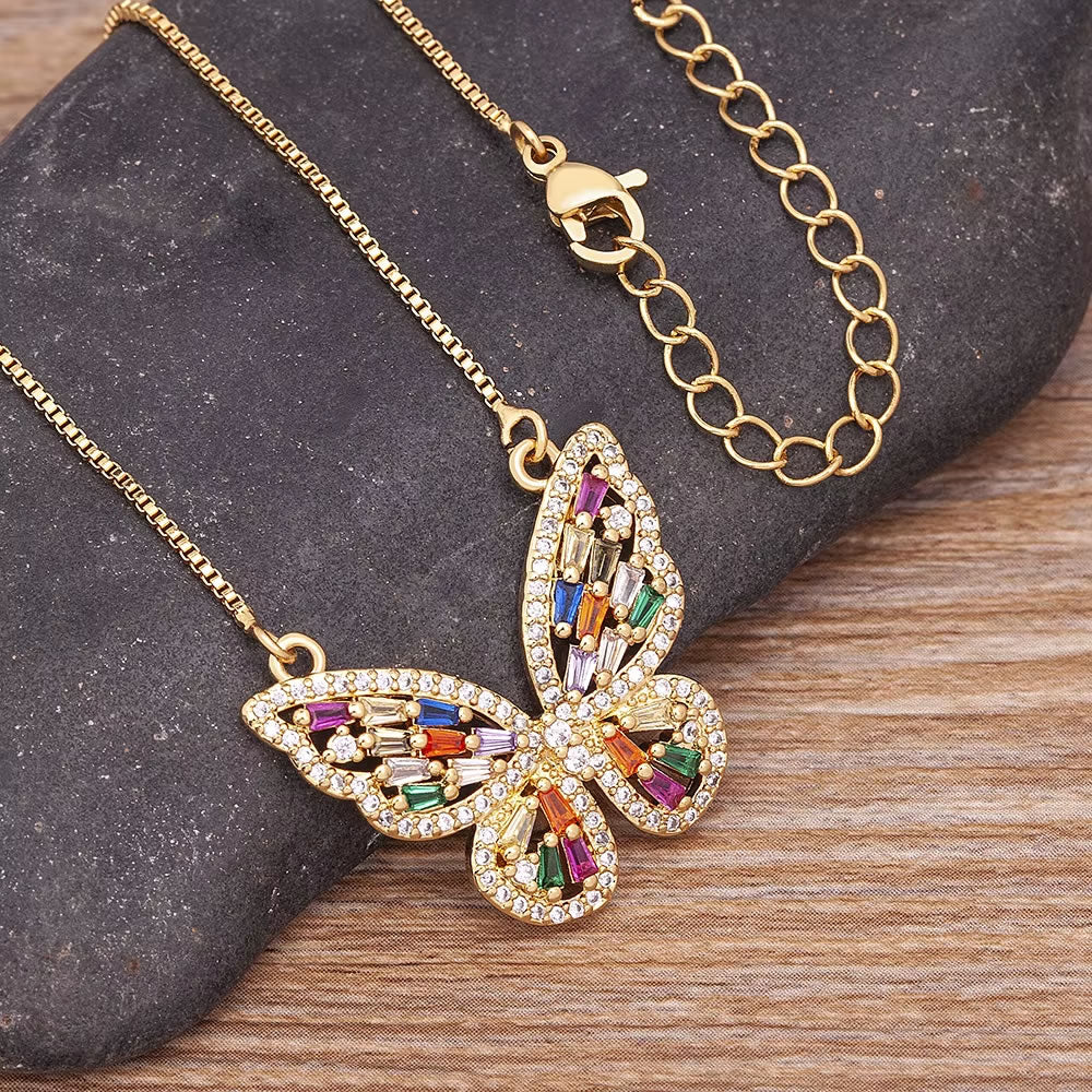 Colourful Rhinestone Butterfly Pendant Necklace
