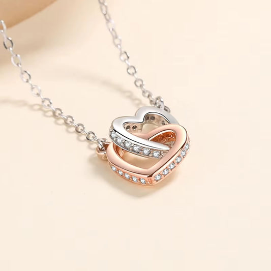 Double Heart Rose Gold & Silver Two Tone Necklace
