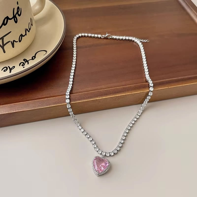 Pink Crystal Heart Choker Necklace