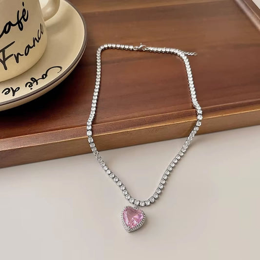 Pink Crystal Heart Choker Necklace