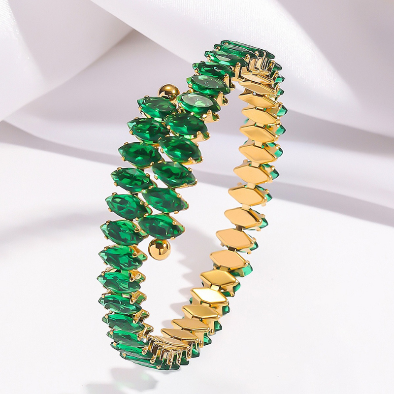 Luxury 18K Gold Plated Gemstone Cuff Bracelet with marquise-cut crystals, stainless steel women’s fashion jewelry.