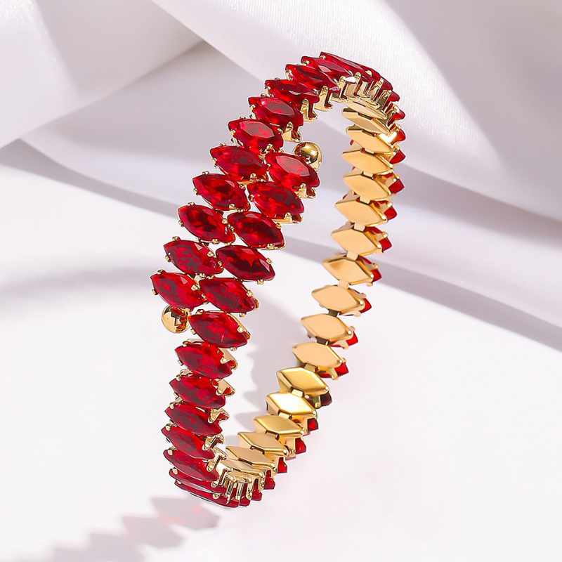 Luxury 18K Gold Plated Gemstone Cuff Bracelet with marquise-cut crystals, stainless steel women’s fashion jewelry.